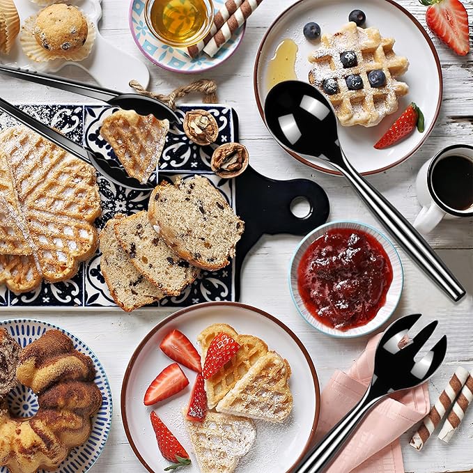 Serving Utensil Set: Black Plastic Spoons, Tongs and Forks
