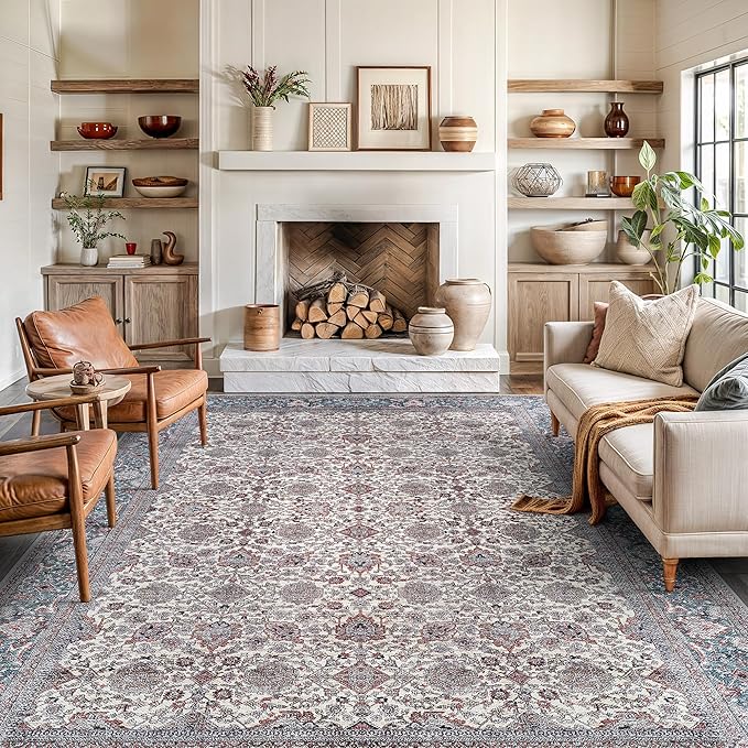 Bloom Rugs Washable Non-Slip 9' x 12' Rug - Teal/Blue/Beige Traditional Oriental Area Rug for Living Room, Bedroom, Dining Room, and Kitchen - Exact Size: 9' x 12'