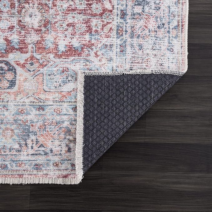 Bloom Rugs Caria Washable Non-Slip 12 ft Runner - Brick/Dark Blue Traditional Runner for Entryway, Hallway, Bathroom, and Kitchen - Exact Size: 2'6" x 12'