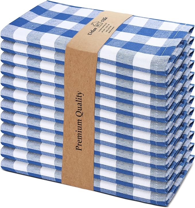 Cloth Dinner Napkins, Blue Checkered 100% Cotton, 20 x 20 Inch