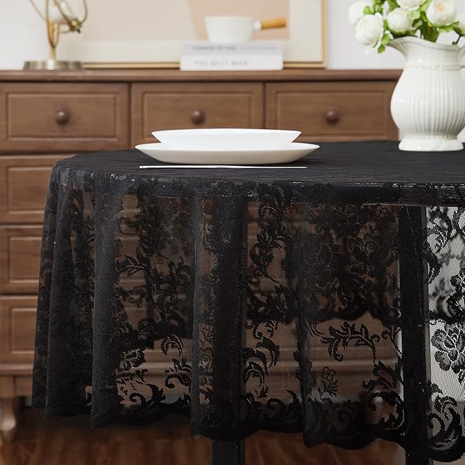 LinenZone Black Round Tablecloth for Rustic Vintage Decor. Sheer Lace Tablecloth Works Great As Wedding, Thanksgiving or Christmas Decor (Mia 48 Round, Black)