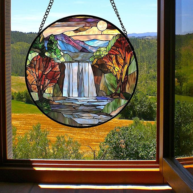 Stained Glass Window Hanging, Abstract Landscape Waterfall Mountains Trees Suncatcher for Doors Window Home Sun Catchers Decor Mother's Day Birthday Gifts for Women Men Mom 11.8 in