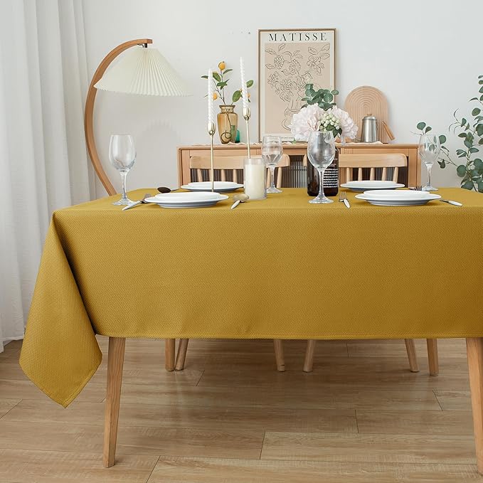 Biscaynebay Textured Fabric Rectangle Christmas Tablecloths 90x156 Inch, Gold Water Resistant Tablecloths for Dining, Kitchen, Wedding, Parties etc. Machine Washable