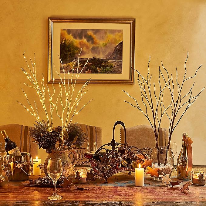 Hairui Lighted Artificial Twig Birch Branch with Fairy Lights 30IN 100 LED Battery Operated, White Willow Branch with Lights for Christmas Holiday Wedding Party Decoration
