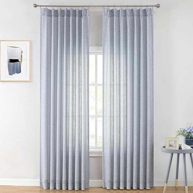 Vision Home Blue Pinch Pleated Semi Sheer Curtains Textured Light Filtering Window Curtains 102 inch for Living Room Bedroom Rayon Blend Chambray Blue Pinch Pleat Drapes with Hooks 2 Panels 40"Wx102"L