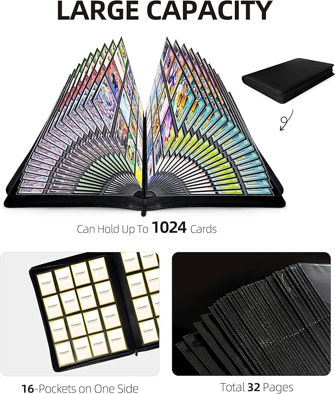 16 Pockets Premium Card Binder 1024 Cards Trading Card Binders Side Load Card Storage Display Album(16 Pocket 1024 Card Slot,Black)