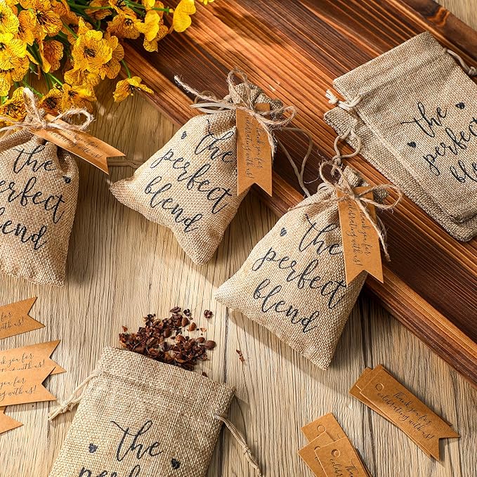 Gift Bags, 50 Brown Drawstring Jute Bags with Thank You Cards
