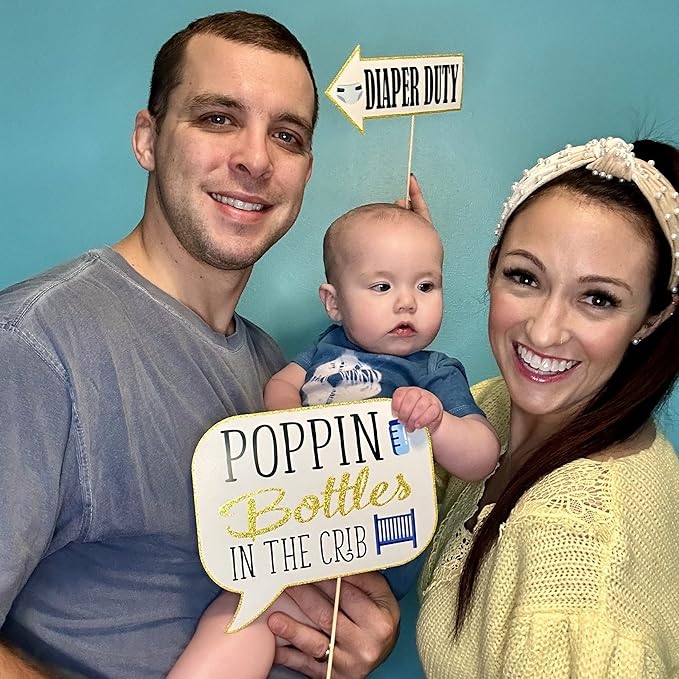Boy Baby Shower Photo Booth Props - 41-pc Photo Booth Kit with 8 x 10-Inch Sign, 60 Glue Dots, 45 Sticks - Picture Props for Baby Shower