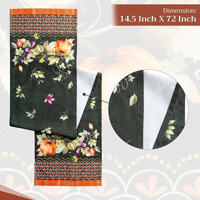 Maison d' Hermine Table runner 100% Cotton Single Layer Table Runners 72 inches long for Thanksgiving Christmas Decorations Home Kitchen Dining Party Wedding (Pumpkin Garden - Dark Green, 14.5" x 72")