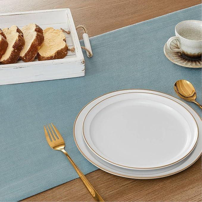 ZeeMart Linen Textured Border Table Runner, 14 x 60 Inch Blue, Farmhouse Style Dusty Blue Table Runners 60 Inches Long, Easy Care Everyday Polyester Table Runner