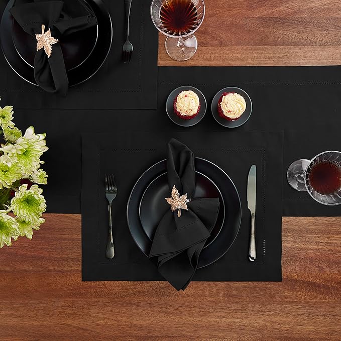 Black Table Runner 36 Inch – Cotton Linen Hemstitch Farmhouse Table Runner 14x36 – Washable Fabric for Fall, Halloween, Thanksgiving, Everyday Dining & Décor – Serena