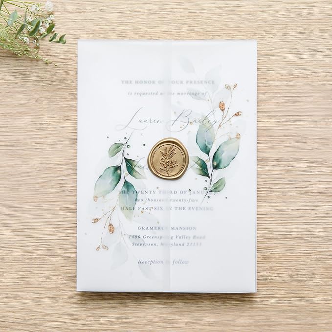 PONATIA 50PCS Vellum Jackets for 5x7 Invitation Cards - 135GSM Green Leaves Vellum Sleeves, 5x7'' Clear Jackets Wedding Invitations Wraps - Transparent Card Jackets