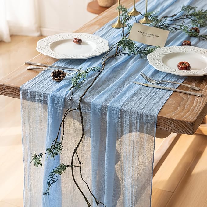 3pcs Light Blue Gauze Rustic Cheesecloth Table Runner 120 Inch 10 FT for Wedding Baby Shower Bridal Shower Birthday Engagement Garden Outdoor Party Long Sheer Boho Decorations