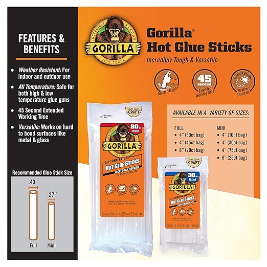 Gorilla Hot Glue Sticks, Clear Glue, Mini Size 4" Long x 0.27" Diameter, 75 Count (Pack of 6) - Safe for All Temperatures with Extended Working Time