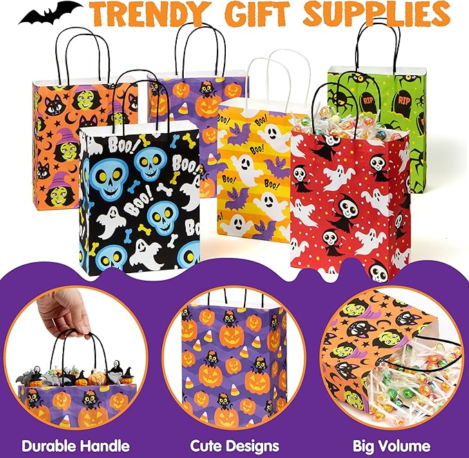 Gift Bags: 24 Count Halloween Paper Treat Bags with Handles, 6 Designs