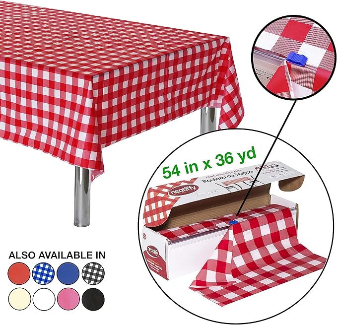 Plastic Tablecovers Roll, Red Gingham, 54 x 1296 Inch, Slide Cutter