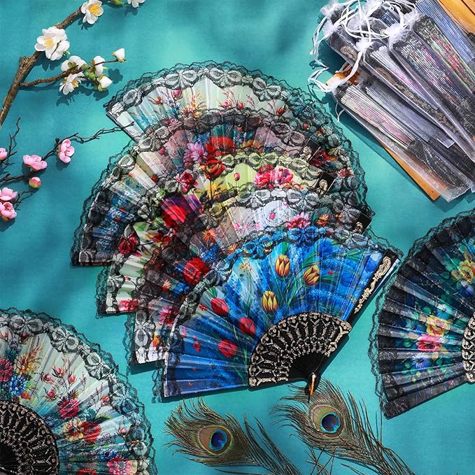 Geetery 30 Pcs Folding Hand Fan for Line Dancing Spanish Boots on The Ground Fans Gifts Bulk Colorful Silk Popping Rave for Women Tea Party Wedding Church Halloween Costume(Floral,Colors Random)