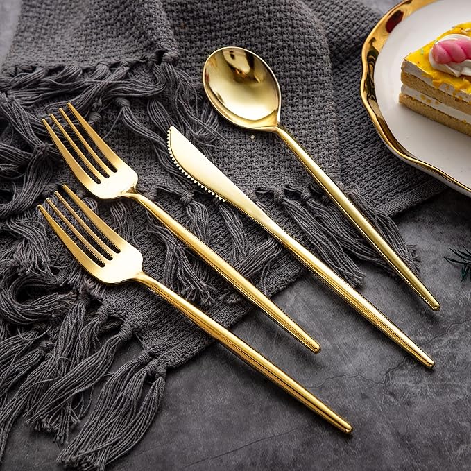 Forks Set: 102 Pieces Gold Plastic Disposable Cutlery with Knives and Spoons