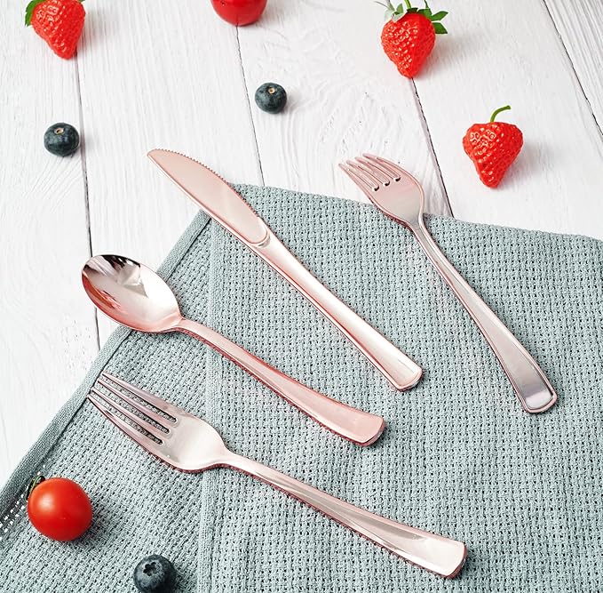 Rose Gold Plastic Party Forks, 300 Count, 7.4 Inch Disposable Utensils
