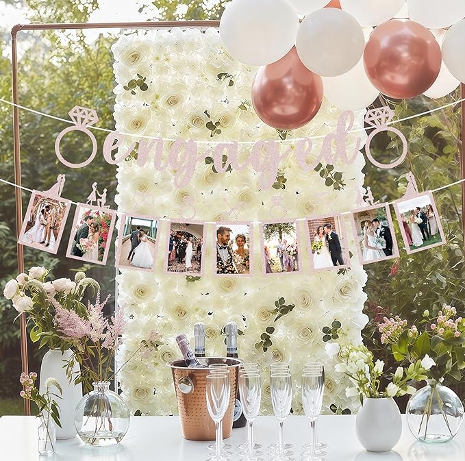 Pre-Strung Engaged Photo Banner - Rose Gold Glitter Engagement Party Decoration Supplies with Romantic Memories Picture Card Frames for Bachelorette, Bridal Shower, Wedding Party Photo Booth Props