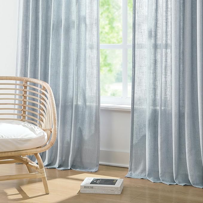 Vision Home Blue Grey Pinch Pleated Semi Sheer Curtains Textured Linen Blended Light Filtering Window Curtains 120 inch for Living Room Bedroom Patio Pinch Pleat Drapes with Hooks 10FT 60" Wx120 Lx1