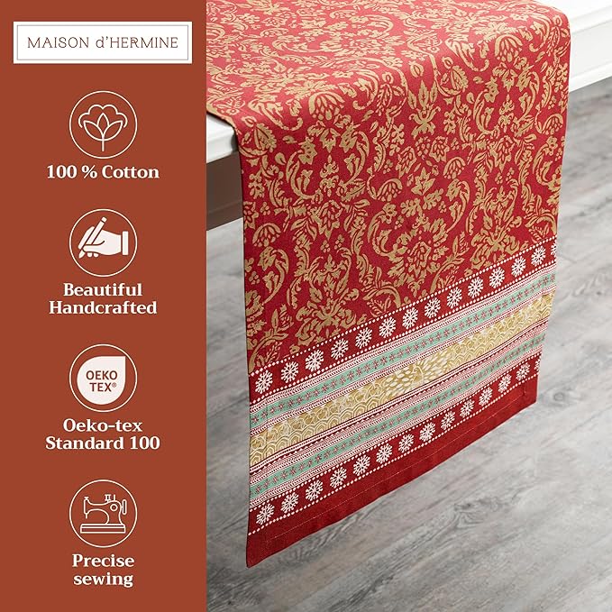Maison d' Hermine Table Runner 100% Cotton Single Layer Table Runners 72 inches Long for Thanksgiving Christmas Decorations Home Kitchen Dining Party Wedding (Sofia, 14.5" x 72")