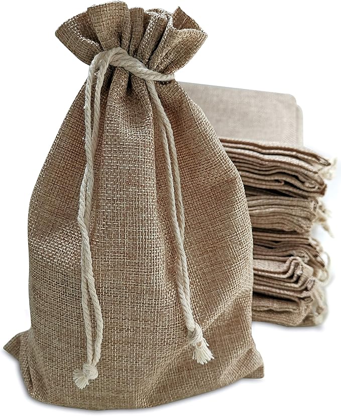 Gift Bags: 50 Brown Burlap Drawstring Bags, 7 x 10 Inch