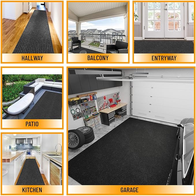 Ottomanson 2'7" x 35' Hallway Runner with Scraper Pile - Extra Durable Non-Slip Rug Mat for Indoor & Outdoor Use - Ideal for Kitchen, Entryway & Garage - High-Traffic Carpet, Black