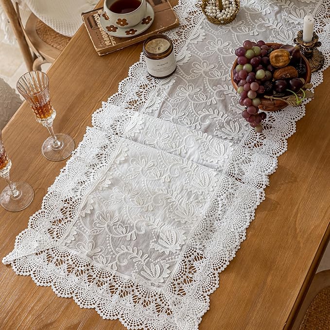 White Elegant Vintage Lace Table Runner,Wedding Lace Decor with Floral Embroidery,Tea Party Decor (White, 13.8X63 Inches)