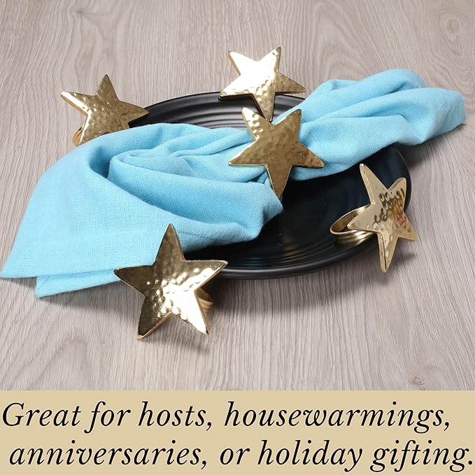 Napkin Rings Set of 12, Gold Star Metal Napkin Holders