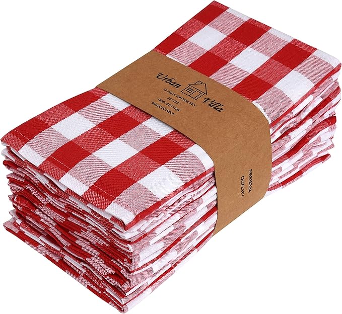 Cloth Dinner Napkins Set of 12, Square Red and White Checkered 100% Cotton