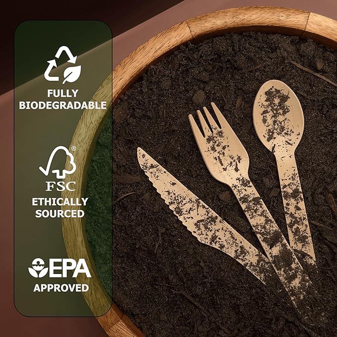 Disposable Wooden Utensils 360 Count, Natural Birchwood, Heavy Duty