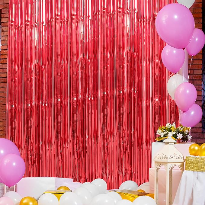 Crosize 2 Pack 3.3 x 9.9 ft Red Foil Fringe Curtains Party Decorations, Red Tinsel Curtain Backdrop for Parties, Door Streamers, Glitter Streamer Fringe Backdrop for Birthday Decoration