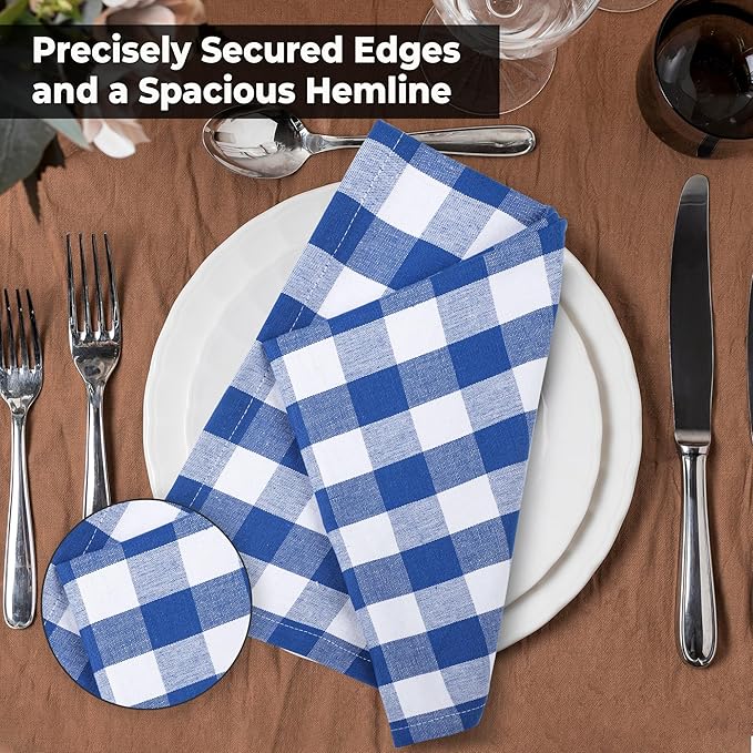 Cloth Dinner Napkins, Blue Checkered 100% Cotton, 20 x 20 Inch