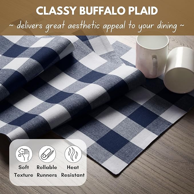 Native Fab Table Runner Buffalo Check Plaid 100% Cotton - 13x90 Inches Kitchen Dining Table Decoration for Indoor Farmhouse Home Decor - Navy Blue and White