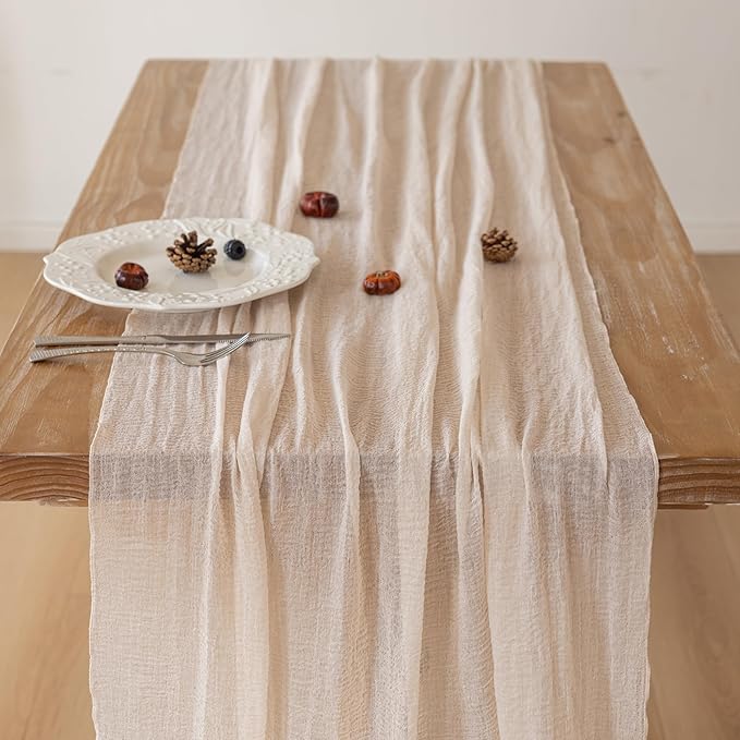 6Pcs Beige Gauze Rustic Cheesecloth Table Runner 120 Inch 10 FT for Wedding Baby Shower Bridal Shower Birthday Engagement Garden Outdoor Party Long Sheer Boho Decorations