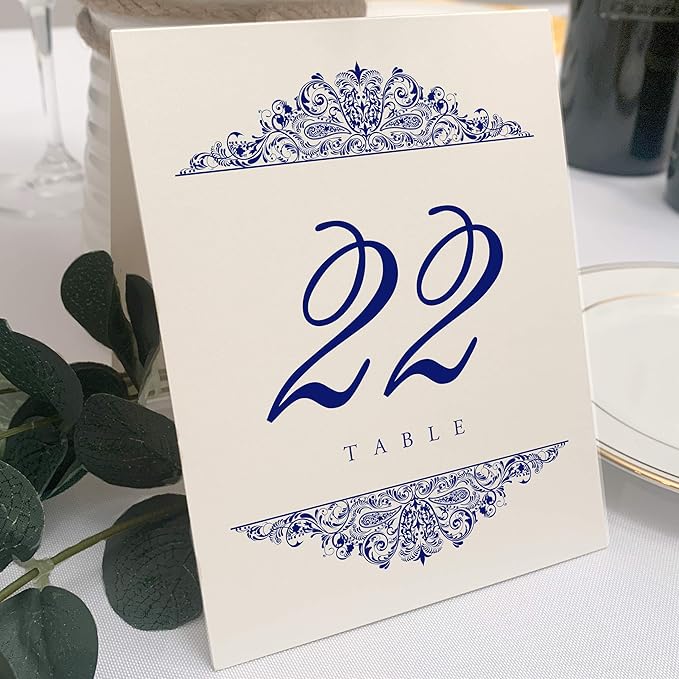 Paisley Wedding Table Numbers (Select Color/Quantity), Champagne, Navy, 1-150, Double Sided, Tent or Use in a Stand, Great for Parties & Restaurants - Made in the USA