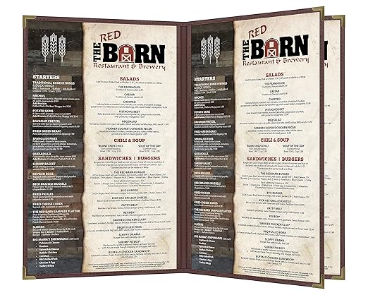 Goodsmart Pajco Style Restaurant Menu Covers – Pack of 10, Side-Loading Menu Holders, Single Stitched Edge, Clear Vinyl Menu Sleeves, Leatherette Trim, Gold Corners, Burgundy, 4 View (8.5" x 14")