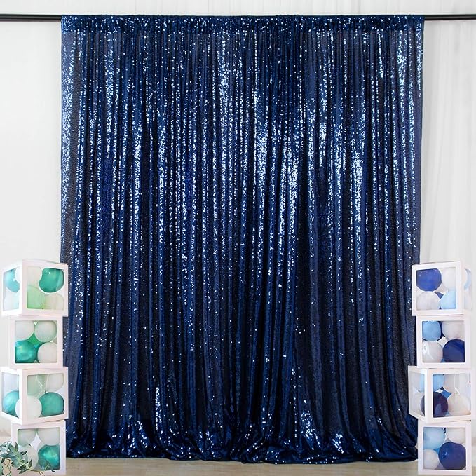 Photo Backdrop Curtain, Navy Blue Sequin, 10 x 10 Ft Shimmer with Rod Pocket