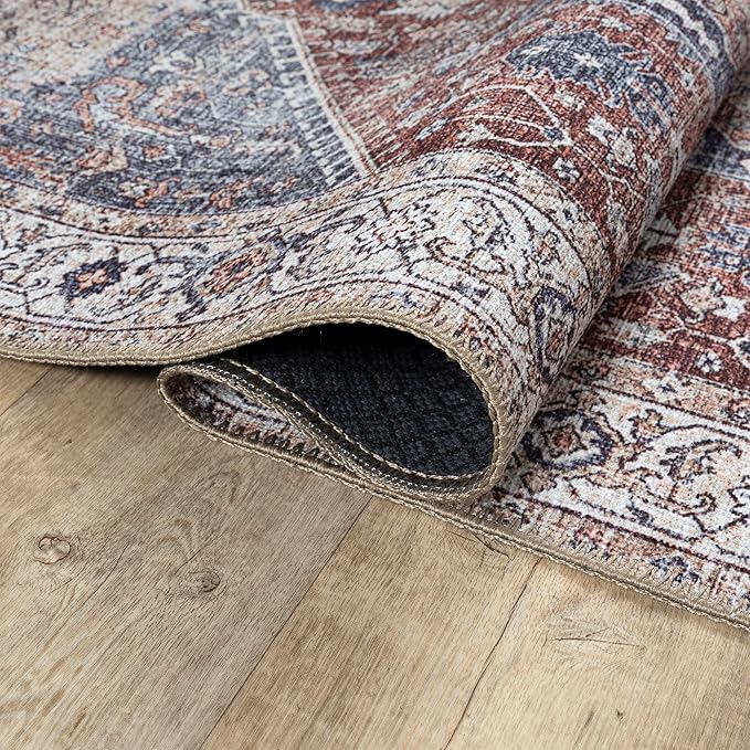 Bloom Rugs Washable Non-Slip 5' x 7' Rug - Red/Blue Traditional Medallion Area Rug for Living Room, Bedroom, Dining Room, and Kitchen - Exact Size: 5' x 7'