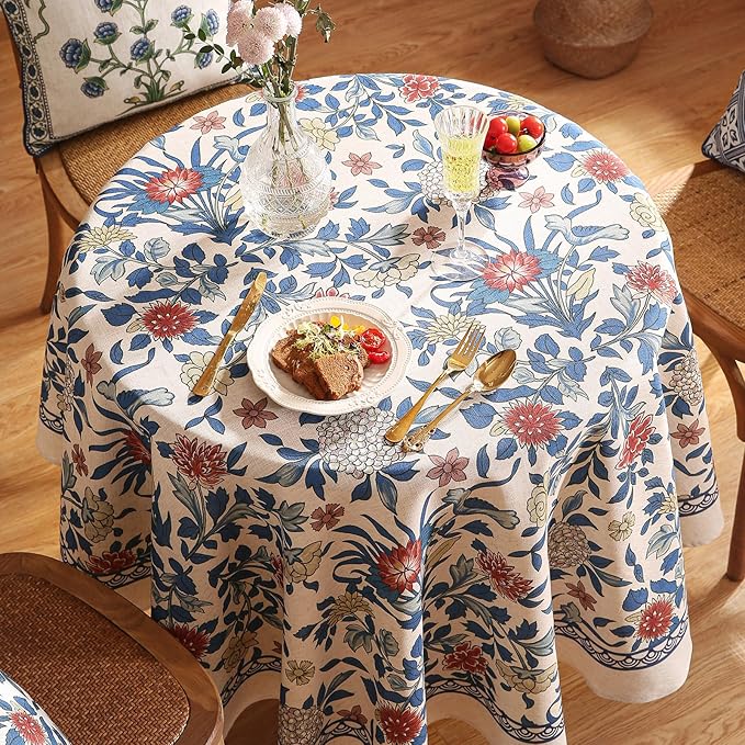 patdrea Designer Small Blue Tablecloth for Round Table,Vintage Linen Leaves and Floral Pattern Tablecloths,Farmhouse Decor Cover for Kitchen Dining Christmas,Thanksgiving,Diameter 55"-Ivar a