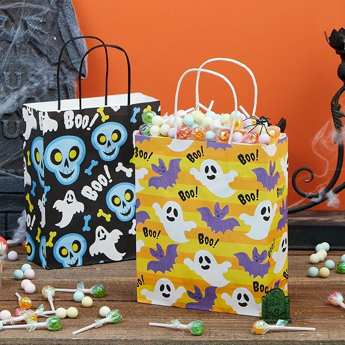 Gift Bags: 24 Count Halloween Paper Treat Bags with Handles, 6 Designs
