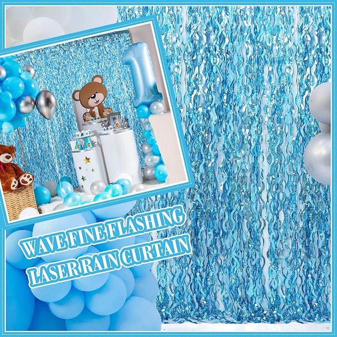Jutom 6 Pieces 3.3 x 6.6 ft Wavy Tinsel Foil Fringe Curtains Foil Fringe Streamer Backdrop Party Curtain for Sea Mermaid Baby Shower Birthday Party Decoration(Light Blue)