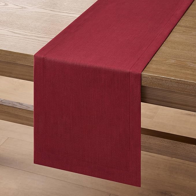ZeeMart Linen Textured Border Table Runner, 14 x 72 Inch Red, Farmhouse Style Red Table Runners 72 Inches Long, Easy Care Everyday Polyester Table Runner