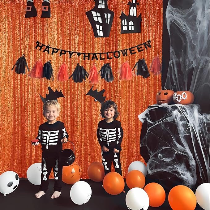Orange Sequin Photo Backdrop Panels, 2 x 8 FT, Pack of 4, Lightweight Glitter