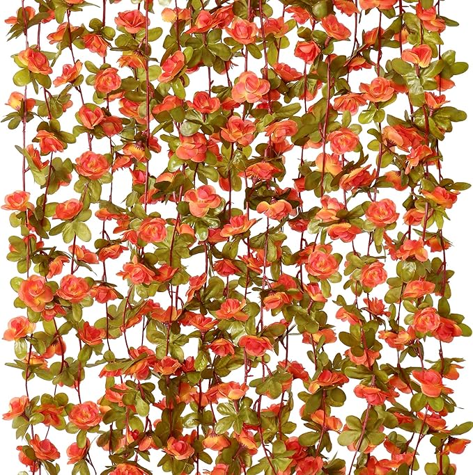 KHOYIME 9 Pack 72 FT Artificial Fall Flower Garland, Fake Orange Roses Vines Silk Flowers Faux Plastic Outdoor Hanging Floral Garland Autumn Decoration for Indoor Table Home Wall Backdrop Room Decor
