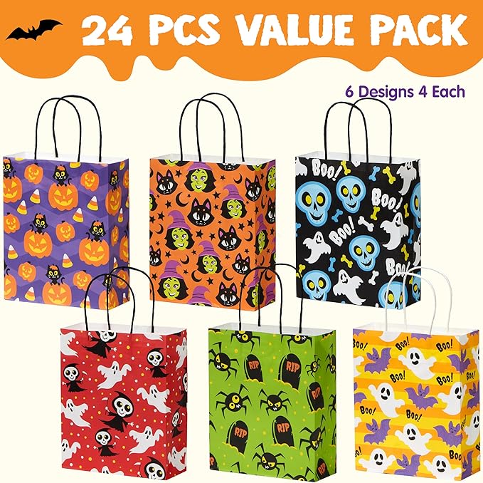 Gift Bags: 24 Count Halloween Paper Treat Bags with Handles, 6 Designs
