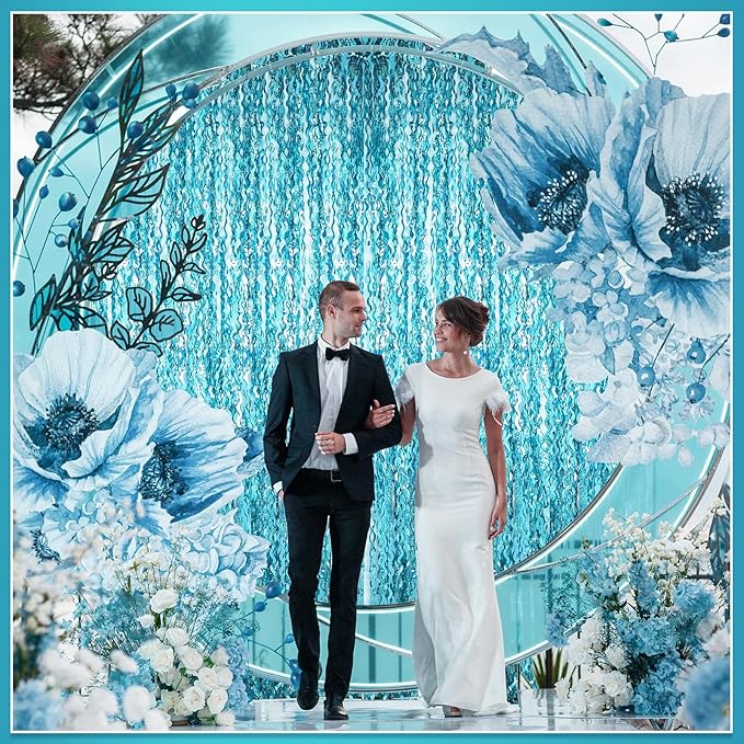 Jutom 6 Pieces 3.3 x 6.6 ft Wavy Tinsel Foil Fringe Curtains Foil Fringe Streamer Backdrop Party Curtain for Sea Mermaid Baby Shower Birthday Party Decoration(Blue Green)