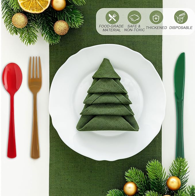 Christmas Plastic Silverware Set, 300 Pieces in Red, Green and Gold