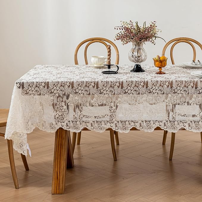 Lace Embroidered Tablecloth. Rectangle Lace Vintage Tablecloth Dustproof Table Protector for Kitchen Dining Room Party Banquet Home Picnic Wedding Decoration (Creamy White 98×53 inch)